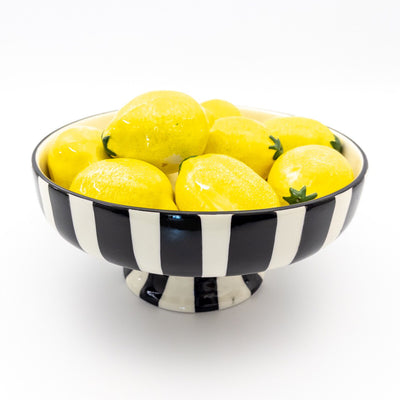 Lemon Serving Bowl Short w stand - Yellow Lemons  - black stripes