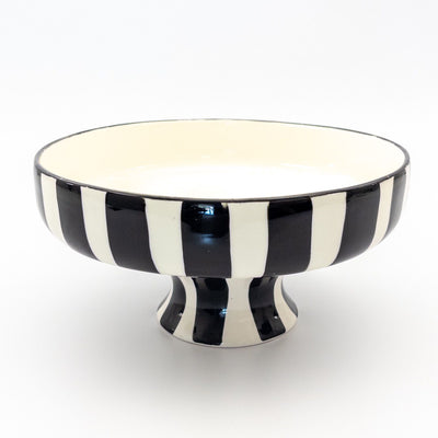 Serving Bowl Short w stand - black stripes