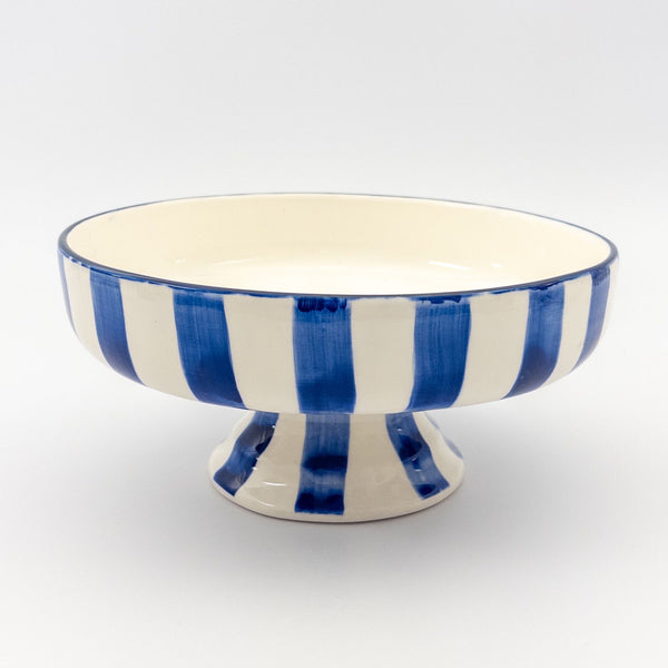 Serving Bowl Short w stand - blue stripes